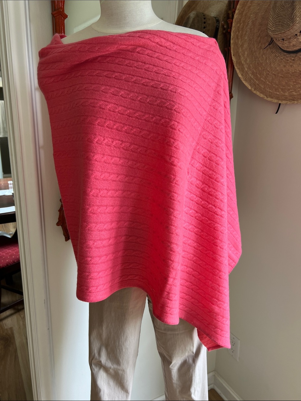 Pink Cable-Knit Poncho Scarf.